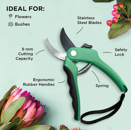 8" Green Bypass Pruning Shears for Gardening | Garden Shears W/Stainless Steel Blades | 8Mm Cut Cap. Plant Shears Gardening Tools | Ergonomic Hand Pruners for Gardening Gifts for Men & Women