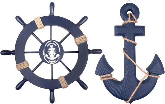 2 Pack 11" Nautical Beach Wooden Ship Wheel and 13" Wooden Anchor with Rope Nautical Boat Steering Wheel Rudder Anchor Wall Art Decor Door Hanging Ornament Beach Theme Home Decoration(Blue)