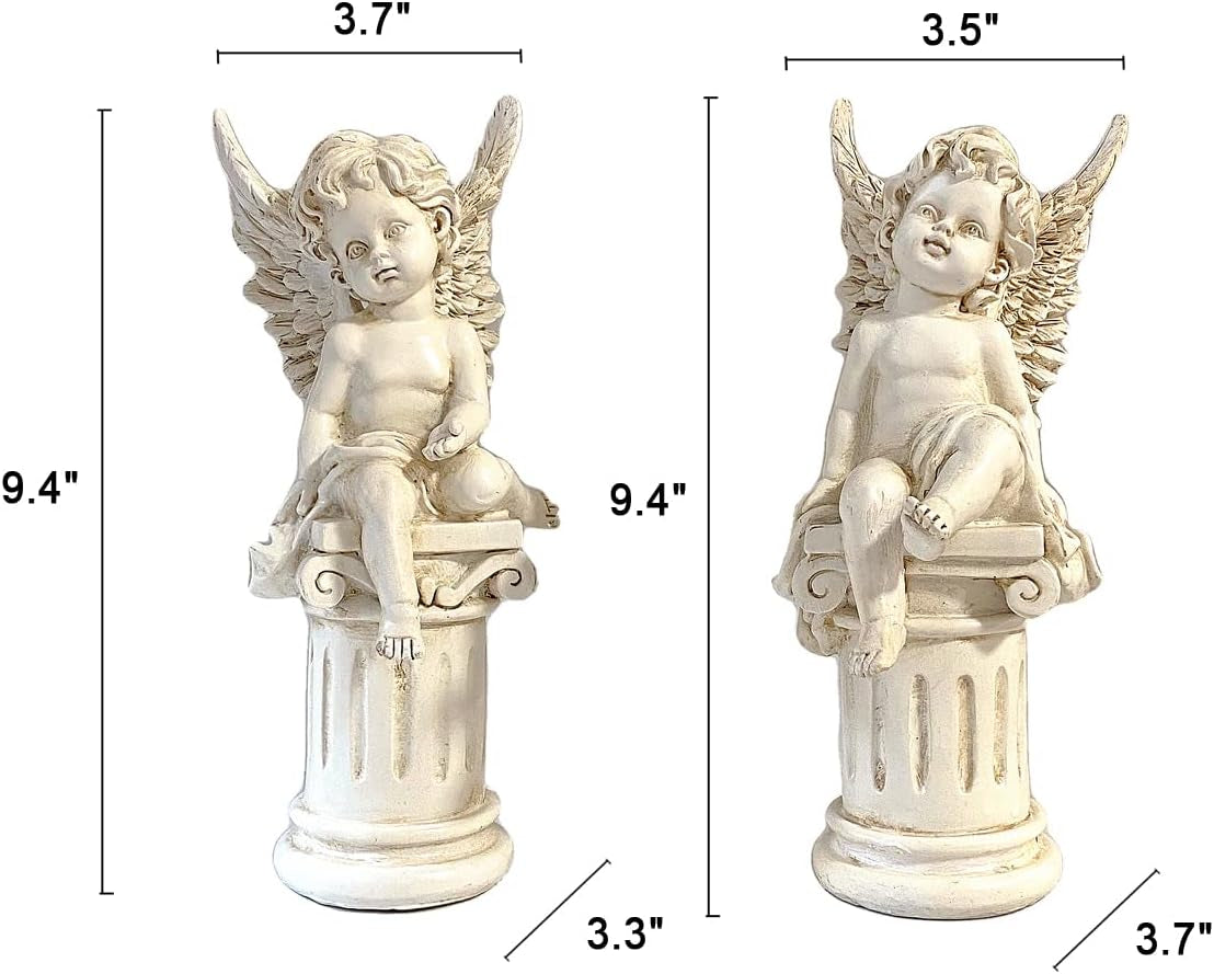 Set of 2 Cherub Angels on Roman Pillar Garden Statue Greek Column Angel Figurine Sculpture Indoor Outdoor Home Garden Decoration Antique Resin 9.8"