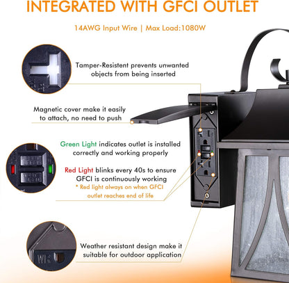 GFCI 120V Dusk to Dawn Outdoor Wall Lantern with Seeded Glass and Built-In GFCI Outlets, Includes LED Filament Bulb, Oil Rubbed Bronze