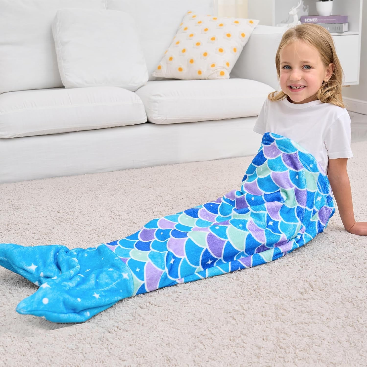 Kids Mermaid Tail Blanket, Soft Flannel Blanket, Girl'S Mermaid Toys, Toddlers Girls Fleece Mermaid Tail Blanket with Star, Fish Scale Pattern, Blue, Gifts for Girls, 17" X 39"