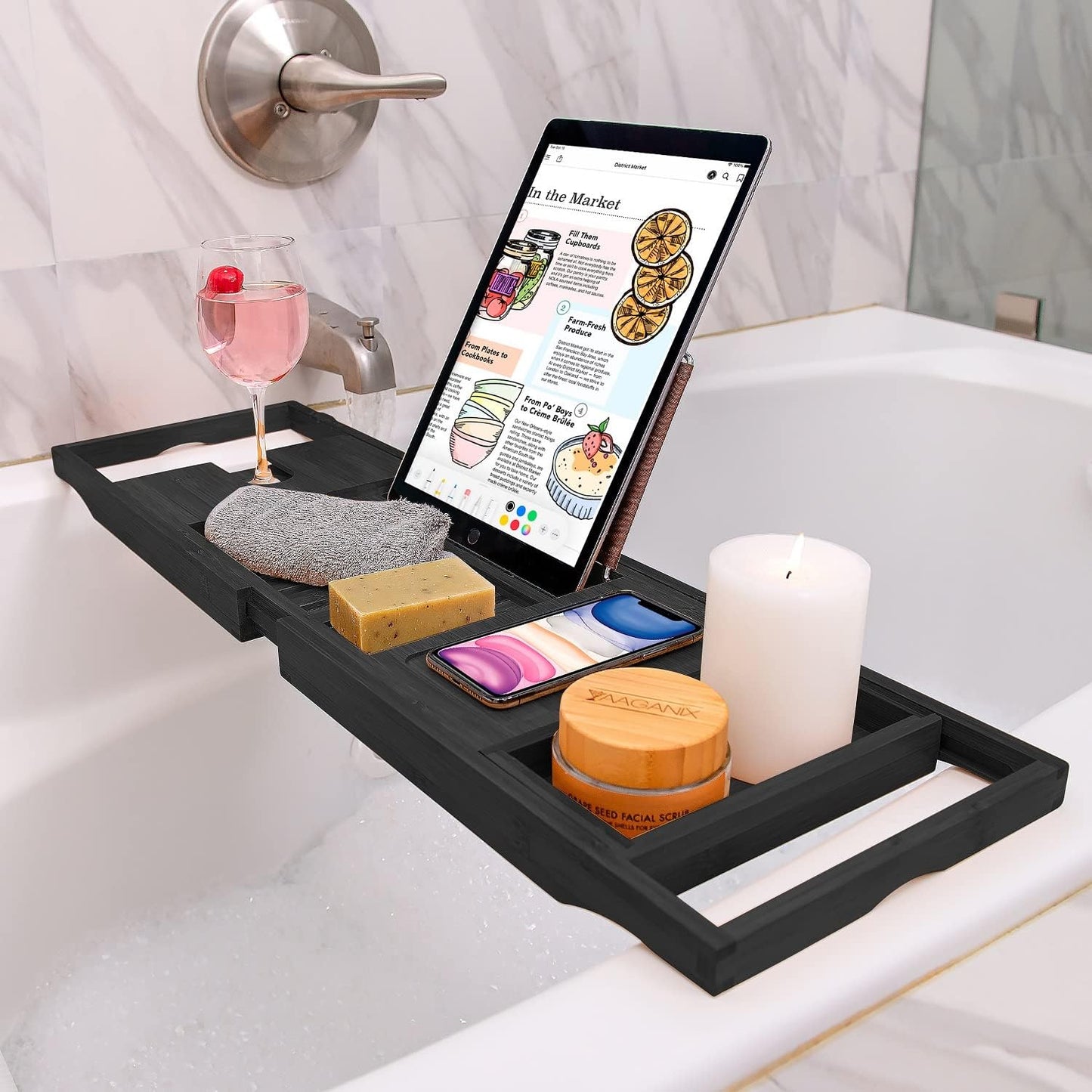 Luxury Bamboo Bathtub Trays for Tub - Expandable Bathroom Tray with Reading Rack or Tablet Holder, Premium Bath Tray with Wine Glass Holder, Bathroom Caddy, Fits All Bathtubs (Black)