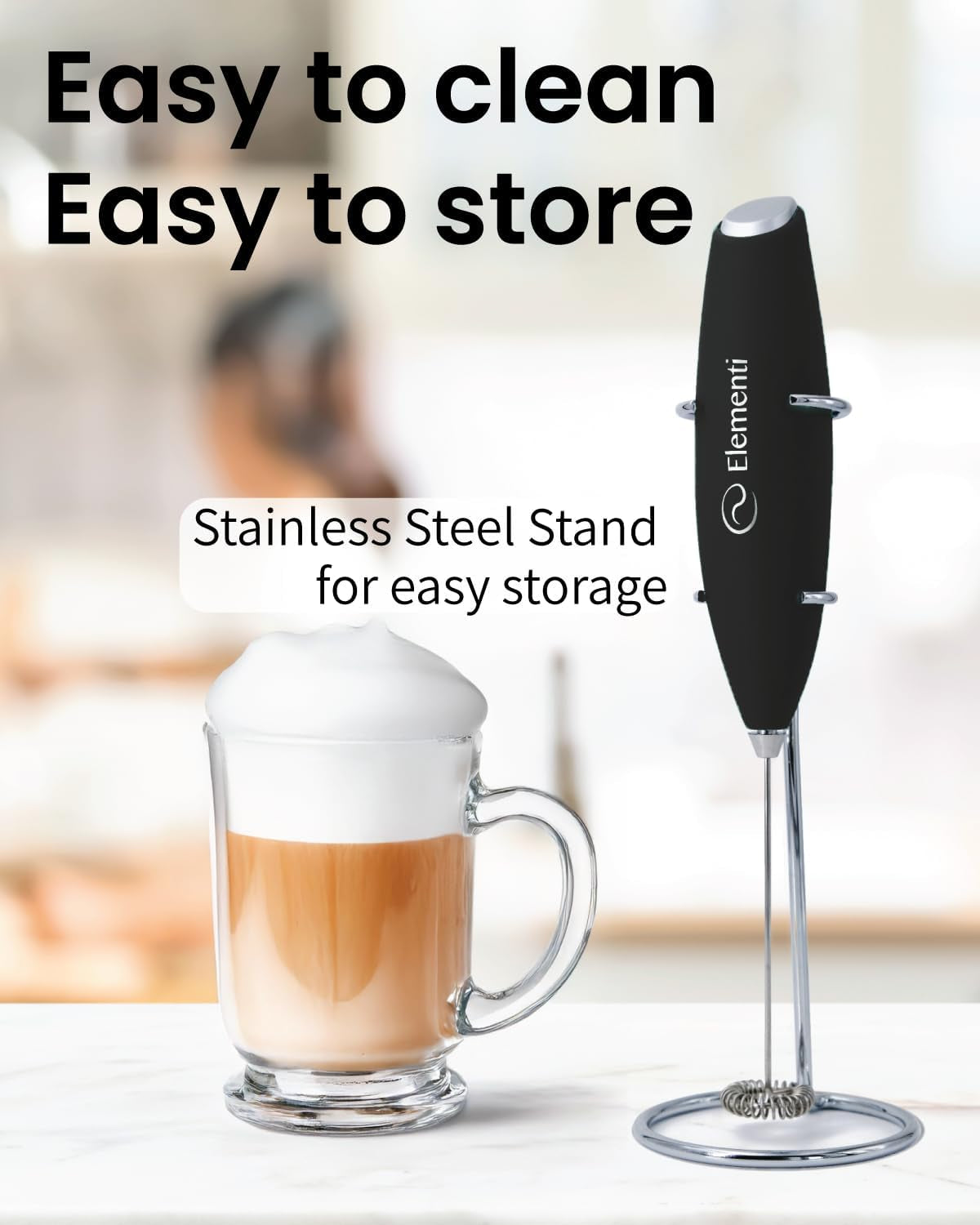 Milk Frother Wand & Drink Mixer - Coffee Frother Handheld - Mini Frother with Stand - Milk Frother Handheld - Coffee Stirrers Electric Matcha Frother & Milk Foamer (Black)