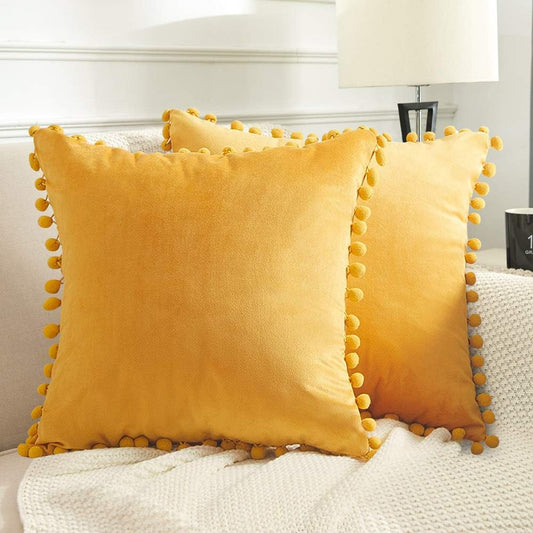 Decorative Throw Pillow Covers with Pom Poms, Pack of 2 Soft Particles Velvet Pillow Cases Square Cushion Covers for Couch Bedroom Car Sofa Outdoors 18X18 Mustard Yellow