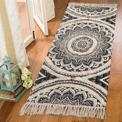 Mandala Boho Runner Rug, 2.3' X 5.3' Tufted Hand Woven Washable Hallway Black Cream Chic Tassels Door Mat Farmhouse Indoor Floor Rugs for Bedroom/Kitchen/Bathroom/Living Room