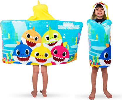 Kids Bath and Beach Soft Cotton Terry Hooded Towel Wrap, 24" X 50", Baby Shark