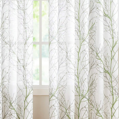 Green Sheer White Curtains 84” for Living Room Grey Tree Branches Print Curtain Set Linen Textured Semi-Sheer Window Drapes for Bedroom Rod Pocket, 2 Panels