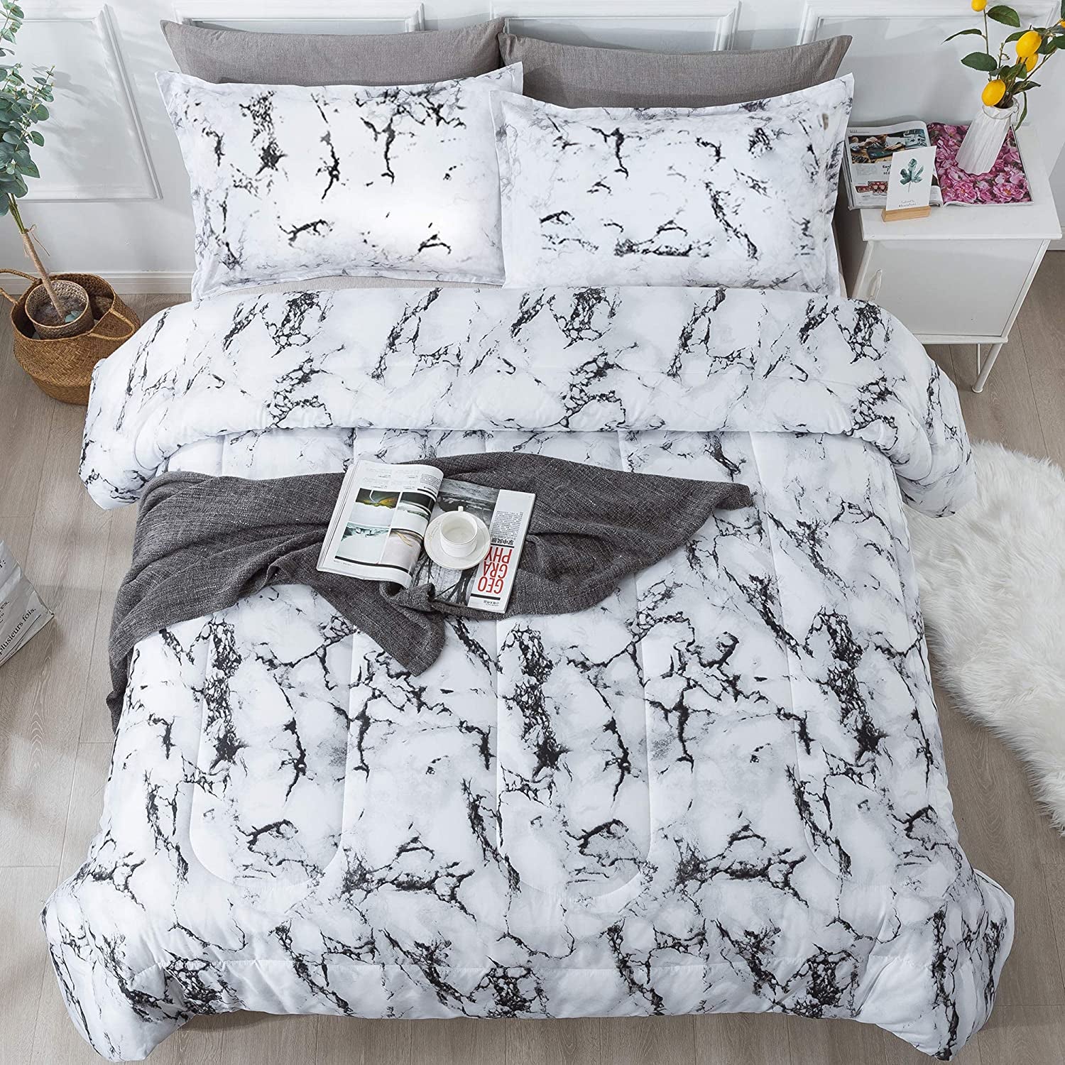 White Marble Comforter Queen(90X90Lnch), 3Pieces(1 Marble Comforter and 2 Pillowcases) Soft Microfiber Comforter Bedding Set for Men and Women