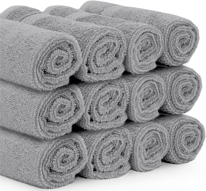 Light Grey Luxury Cotton Washcloths 12 Pc Set - Large 13X13 Inches Hotel Style Face Towel, High Absorbent Quick Dry Wash Cloths for Home, Spa, Gym, Light Grey, 12 Pack