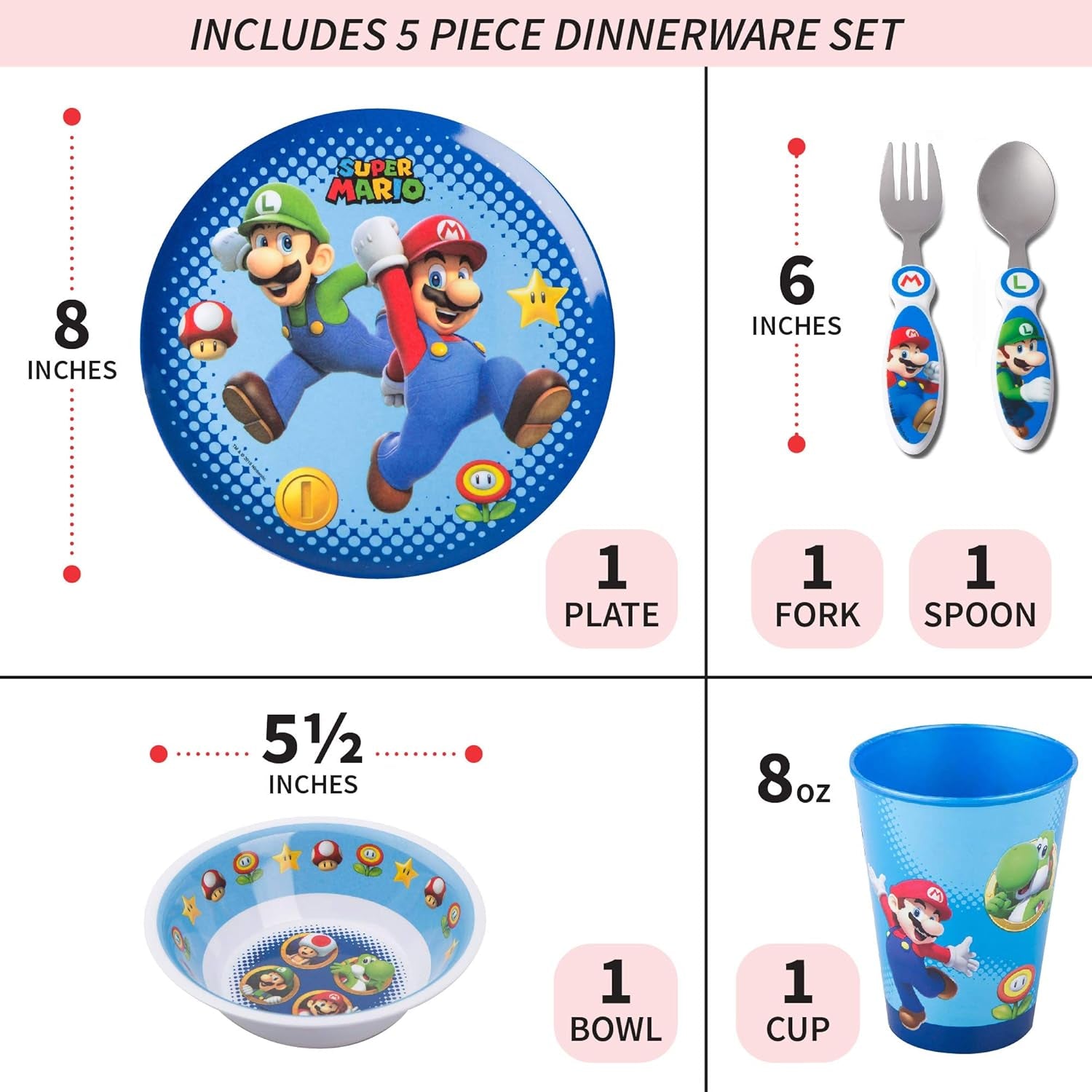 Kids Dinnerware Cartoon Designed Mealtime Kitchen Set, 5 Piece Pack, Super Mario,Kz0068