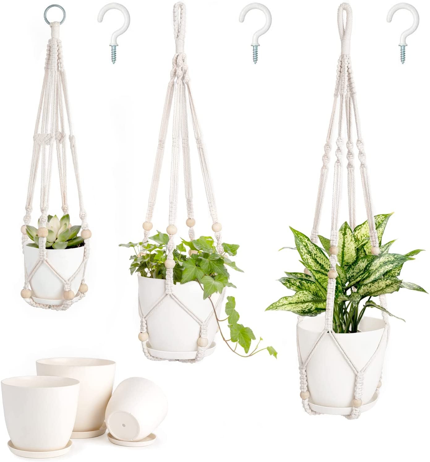 3 Pack Macrame Plant Hangers with Pots, 35"/29"/23" Indoor Different Size Hanging Planter Basket Flower Pot Holder with Saucers & Hooks No Tassels (Plastic Pots Included), Medium, Ivory