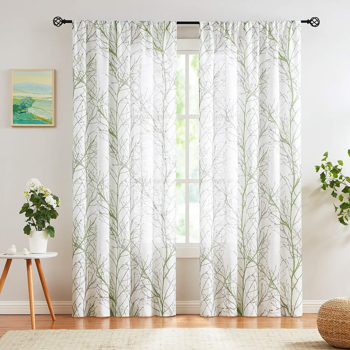 Green Sheer White Curtains 84” for Living Room Grey Tree Branches Print Curtain Set Linen Textured Semi-Sheer Window Drapes for Bedroom Rod Pocket, 2 Panels