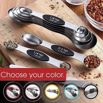 Magnetic Measuring Spoons Set with Strong N45 Magnets, Heavy Duty Stainless Steel Metal, Fits in Most Kitchen Spice Jars for Baking & Cooking, BPA Free, Black, Set of 8 with Leveler