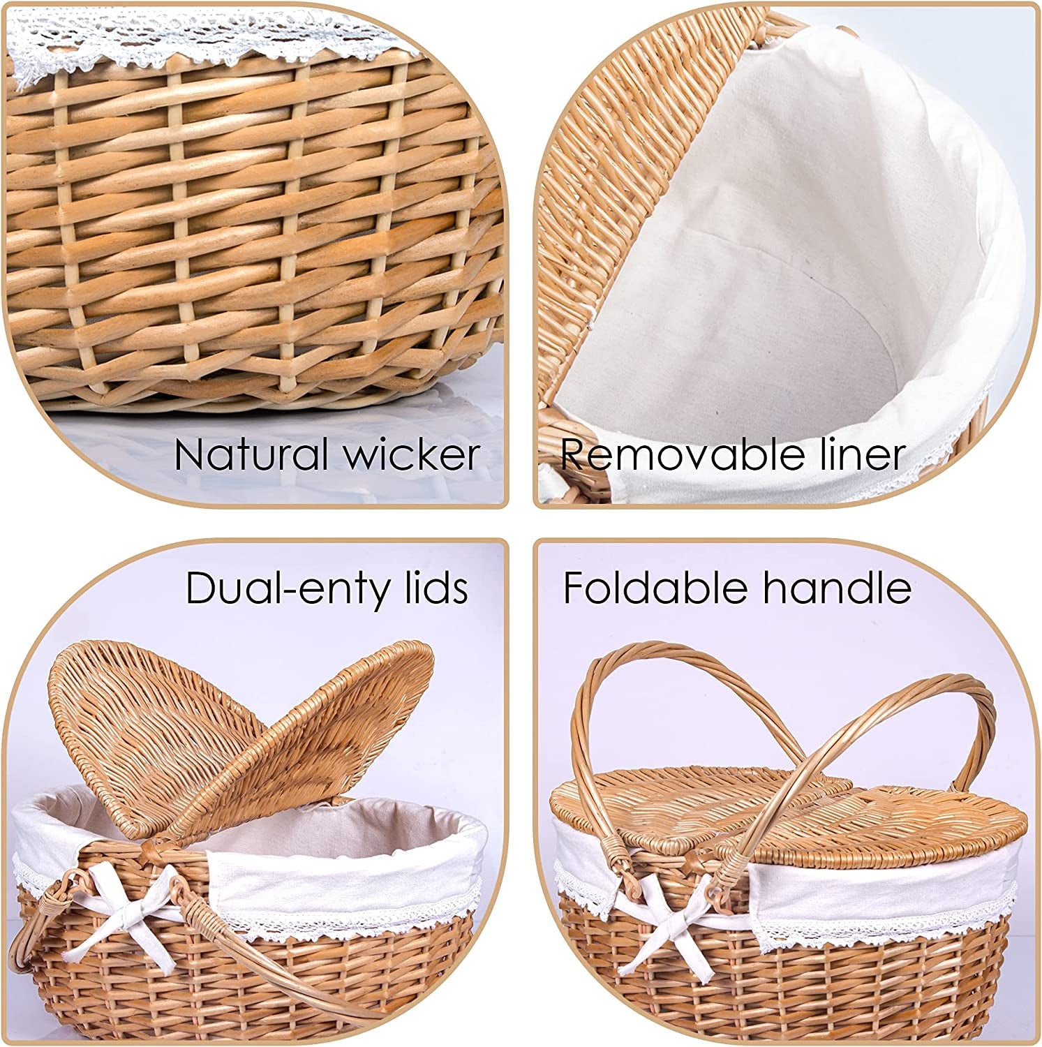 Wicker Picnic Basket with Lid and Handle Sturdy Woven Body with Washable Lining for Easter,Mother'S Day,Outdoor Camping