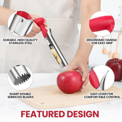 Premium Apple Corer Tool - Easy to Use and Clean - Sturdy Apple Core Remover with Sharp Serrated Blades - Stainless Steel Corers for Apple and Pear - Core Fruits with Ease(Red)