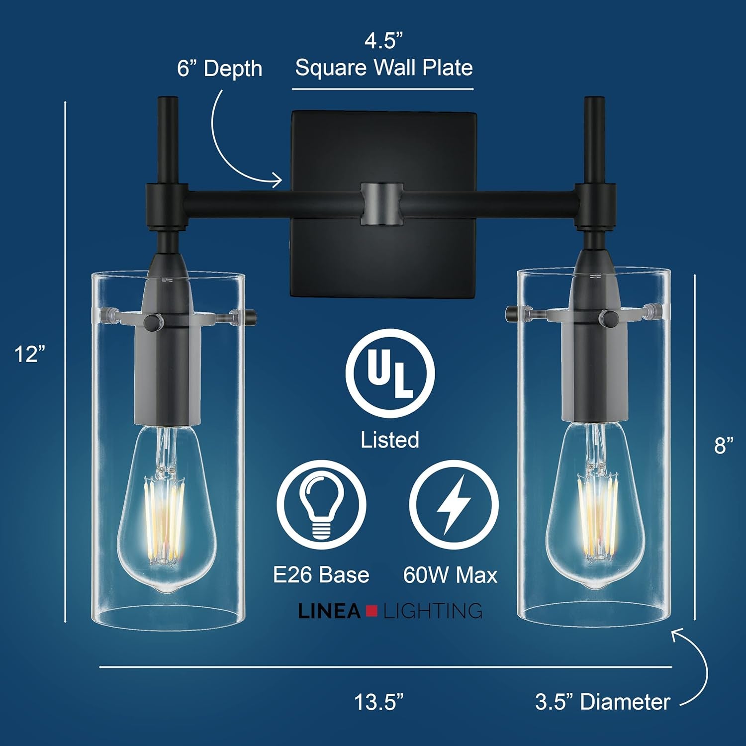 Effimero Modern Farmhouse Bathroom Vanity Lights Fixtures 2 Lights over Mirror Matte Black Vanity Lights for Bathroom Light Fixtures Industrial Lighting Clear Glass Covers, UL Listed