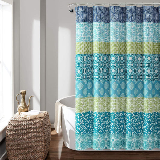 Bohemian Stripe Shower Curtain, 72" W X 72" L, Blue & Green - Boho Shower Curtain - Colorful Striped Bathroom Curtain - Maximalist & Boho Bathroom Decor