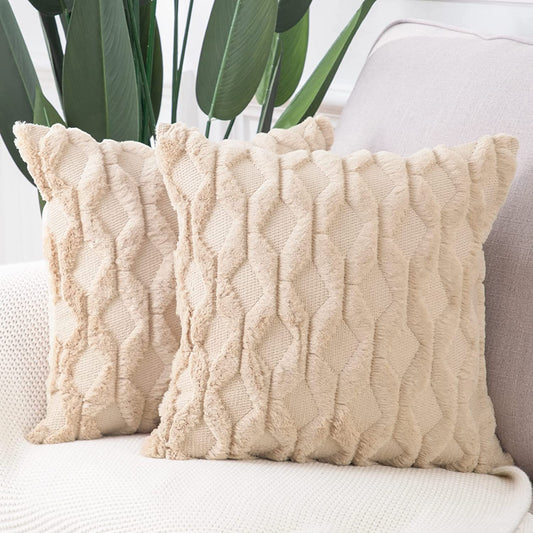 Set of 2 Soft Plush Short Wool Velvet Decorative Throw Pillow Covers 12X12 Inch Khaki Square Luxury Style Cushion Cases Pillow Shell for Sofa Bedroom