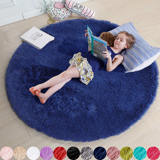 Navy Blue Rug for Bedroom,Fluffy Circle Rug 5'X5' for Kids Room,Furry Carpet for Teen'S Room,Shaggy Circular Rug for Nursery Room,Fuzzy Plush Rug for Dorm,Indigo Carpet,Cute Room Decor for Baby