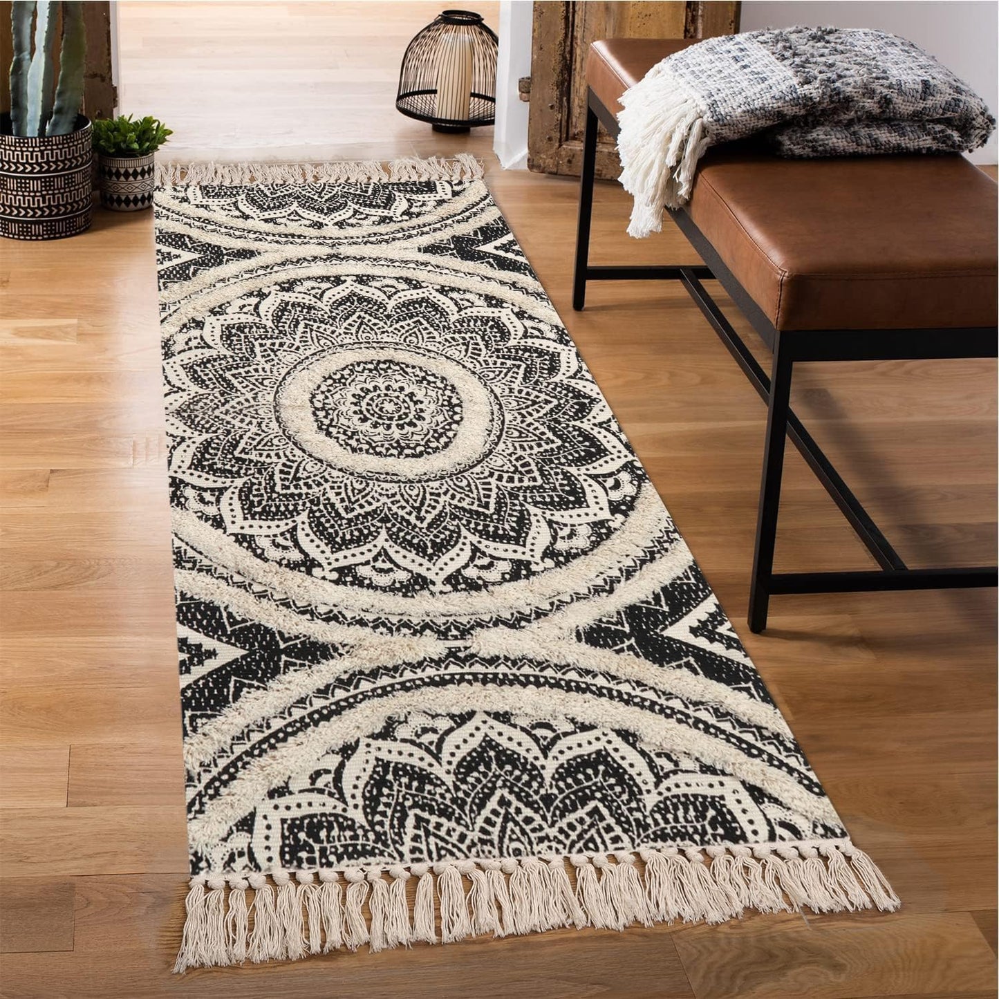 Mandala Boho Runner Rug, 2.3' X 5.3' Tufted Hand Woven Washable Hallway Black Cream Chic Tassels Door Mat Farmhouse Indoor Floor Rugs for Bedroom/Kitchen/Bathroom/Living Room