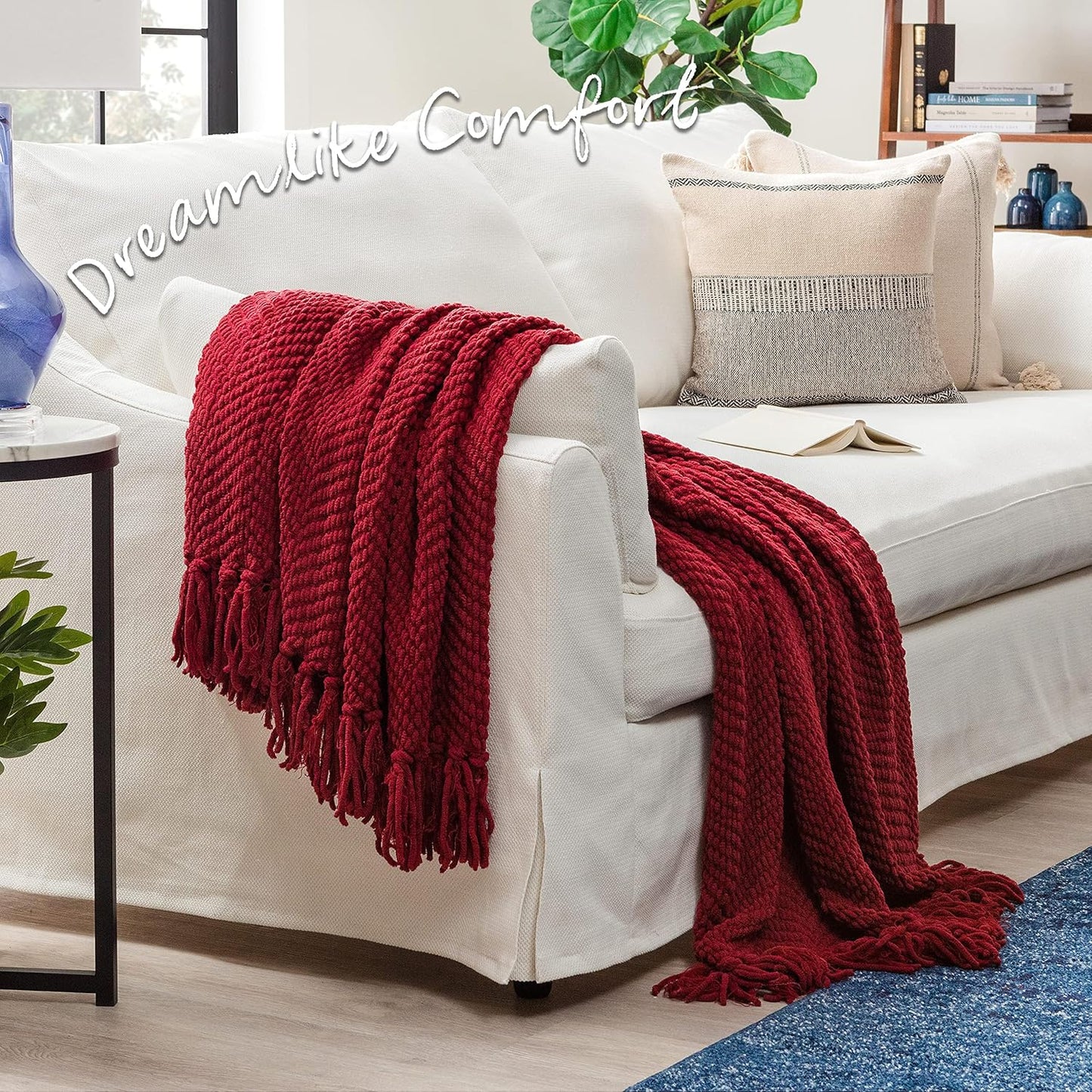 Premium Textured Knit Throw Blanket with Tassels - Soft, Cozy Blanket for Couch, Bed, Living Room - 50" X 65” - Red