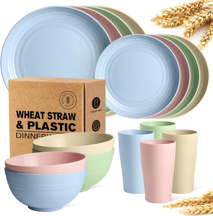 16-Piece Kitchen Wheat Straw Dinnerware Sets, Dinner Plates, Dessert Plate, Cereal Bowls, Cups, Unbreakable Plastic Outdoor Camping Dishes (Service for 4 (16 Piece with Flatware), Multicolor)