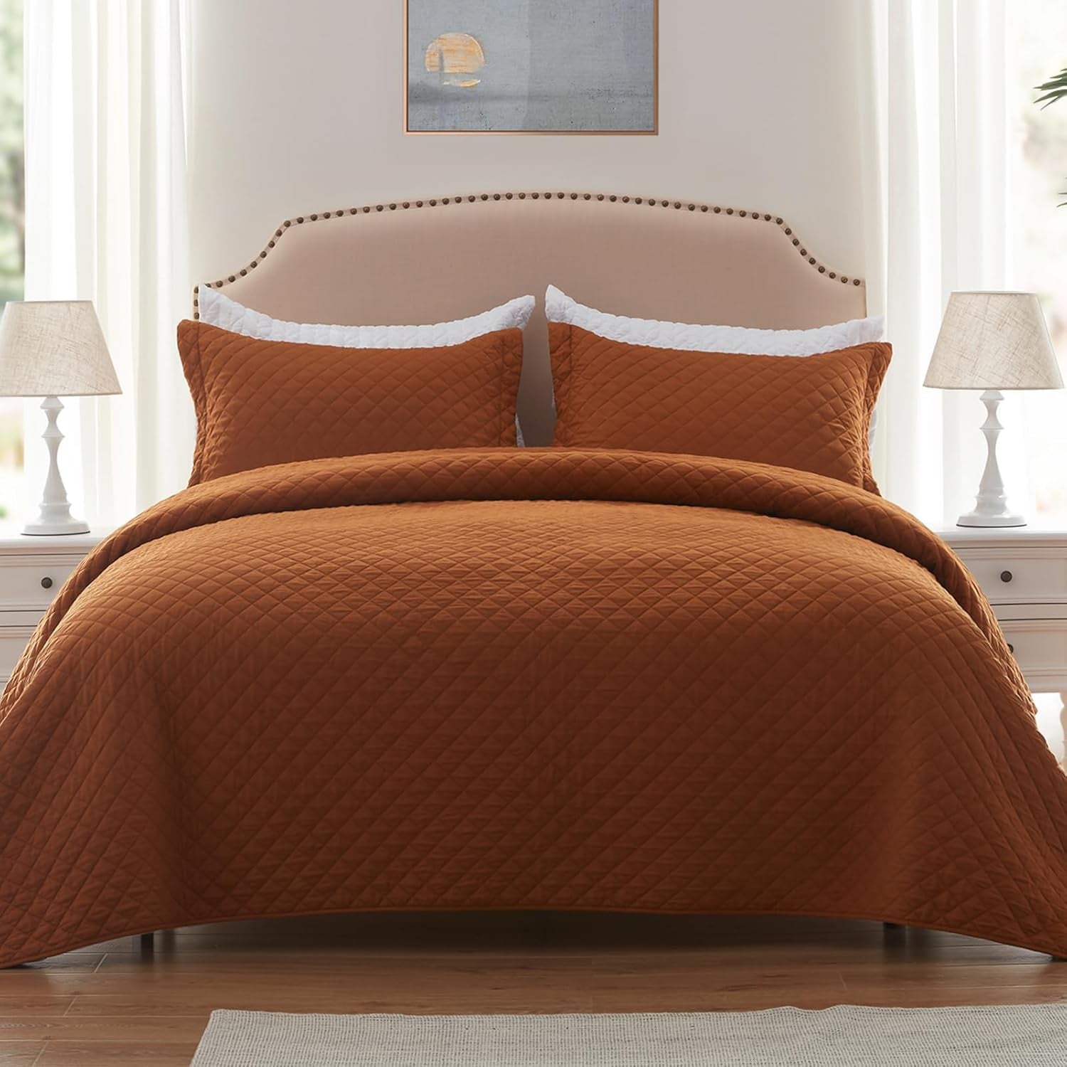 Quilt Set King Brunt Orange Lightweight Bedspread Soft Reversible Coverlet for All Season 3Pcs Burnt Orange Diamond Quilted Bedding Sets (1 Quilt 2 Pillow Shams)(106"X96")