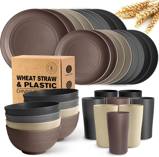 32-Piece Kitchen Plastic Wheat Straw Dinnerware Set, Service for 8, Unbreakable Plates, Bowls and Cups Set, Farmhouse Outdoor Camping Dishes for Rustic Life/Country/Vintage, Aesthetic