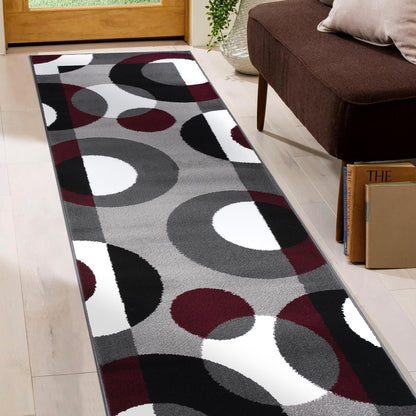 Modern Circles Carpet Easy Maintenance for Home Office,Living Room,Bedroom,Kitchen Soft Runner Rug 2' X 7'2" Burgundy