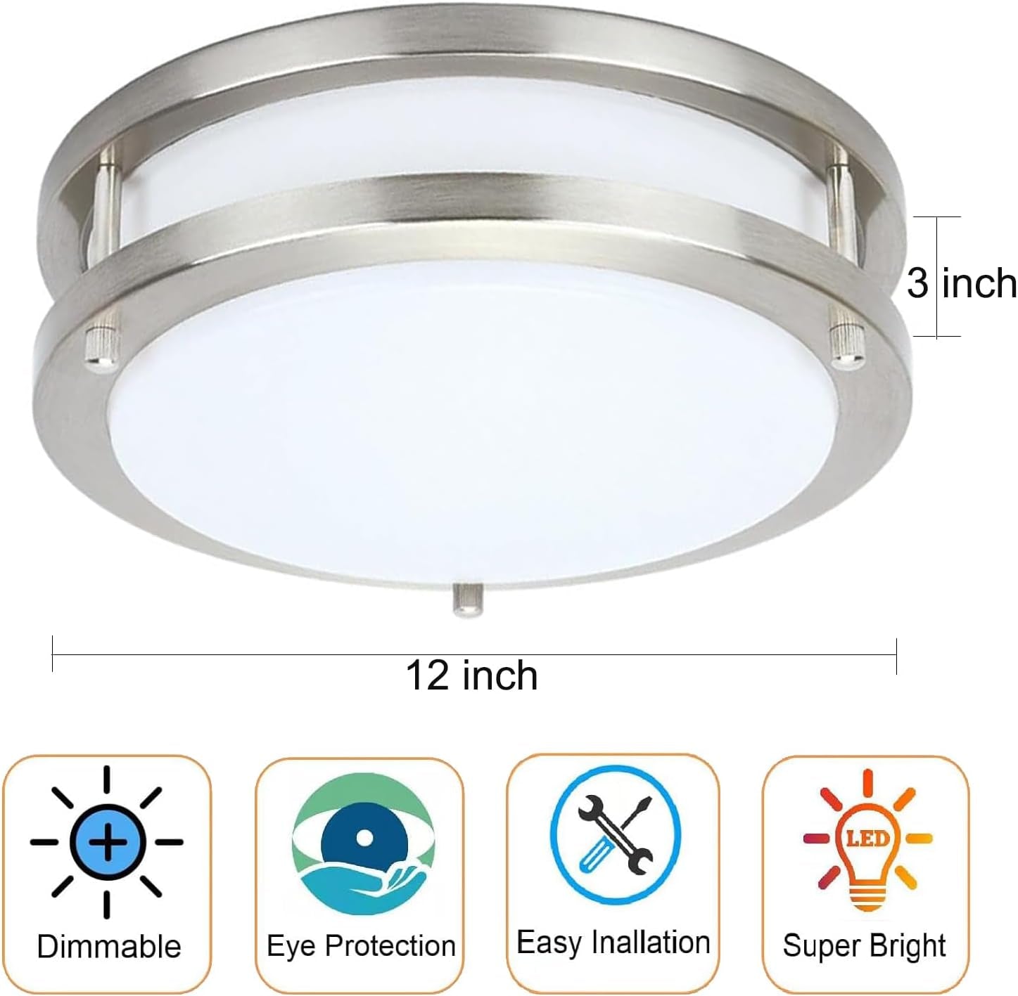 36W Dimmable LED Flush Mount Ceiling Light Fixture, Kitchen Light Fixtures, 12 Inch Ceiling Lights for Bedroom, Bathroom, 3000K/4000K/5000K Adjustbale, Super Bright 4000LM