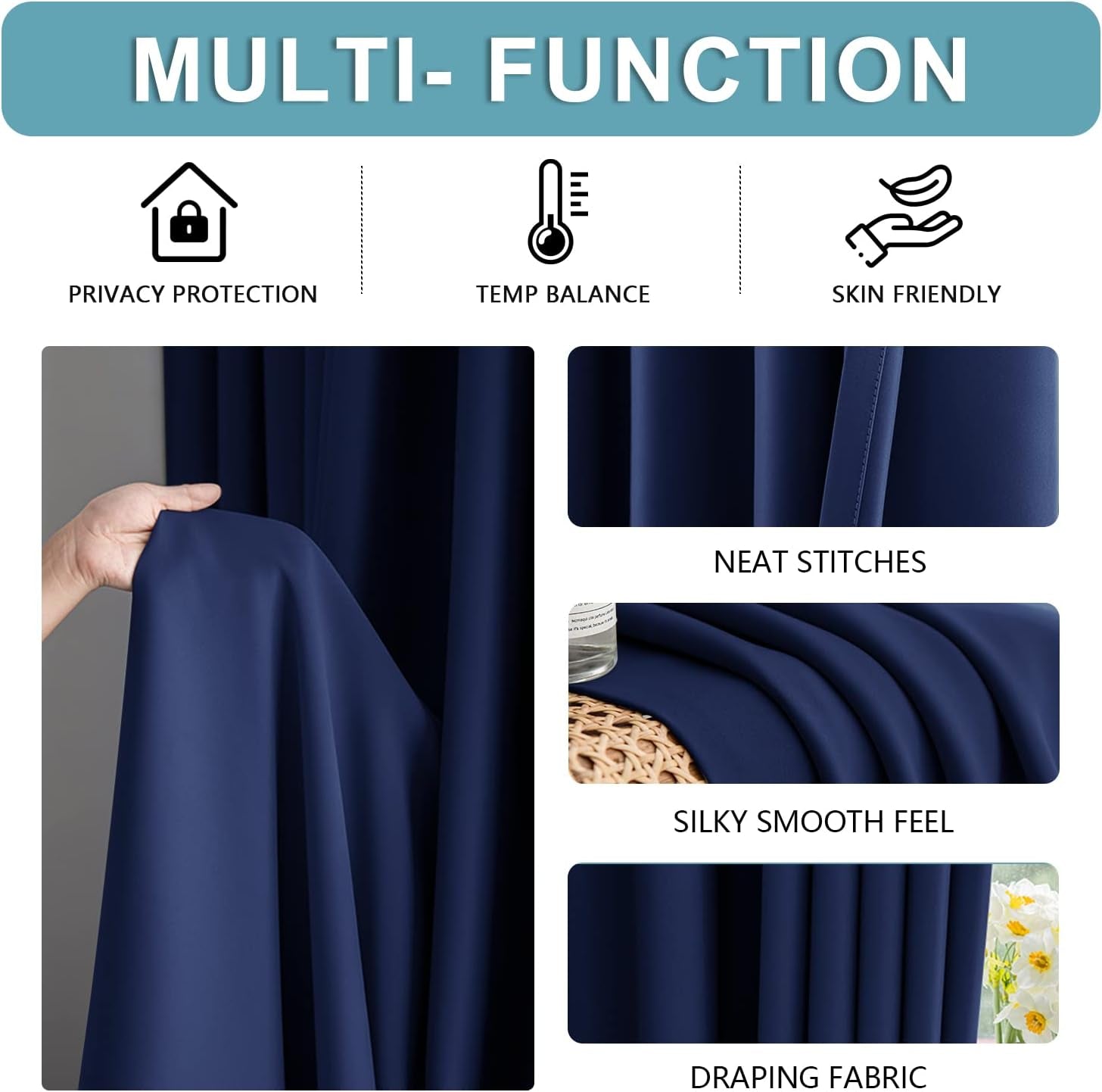 Blackout Curtains for Living Room, Thermal Insulated Rod Pocket Window Drapes for Bedroom, 2 Panels (42X84 Inch, Navy Blue)