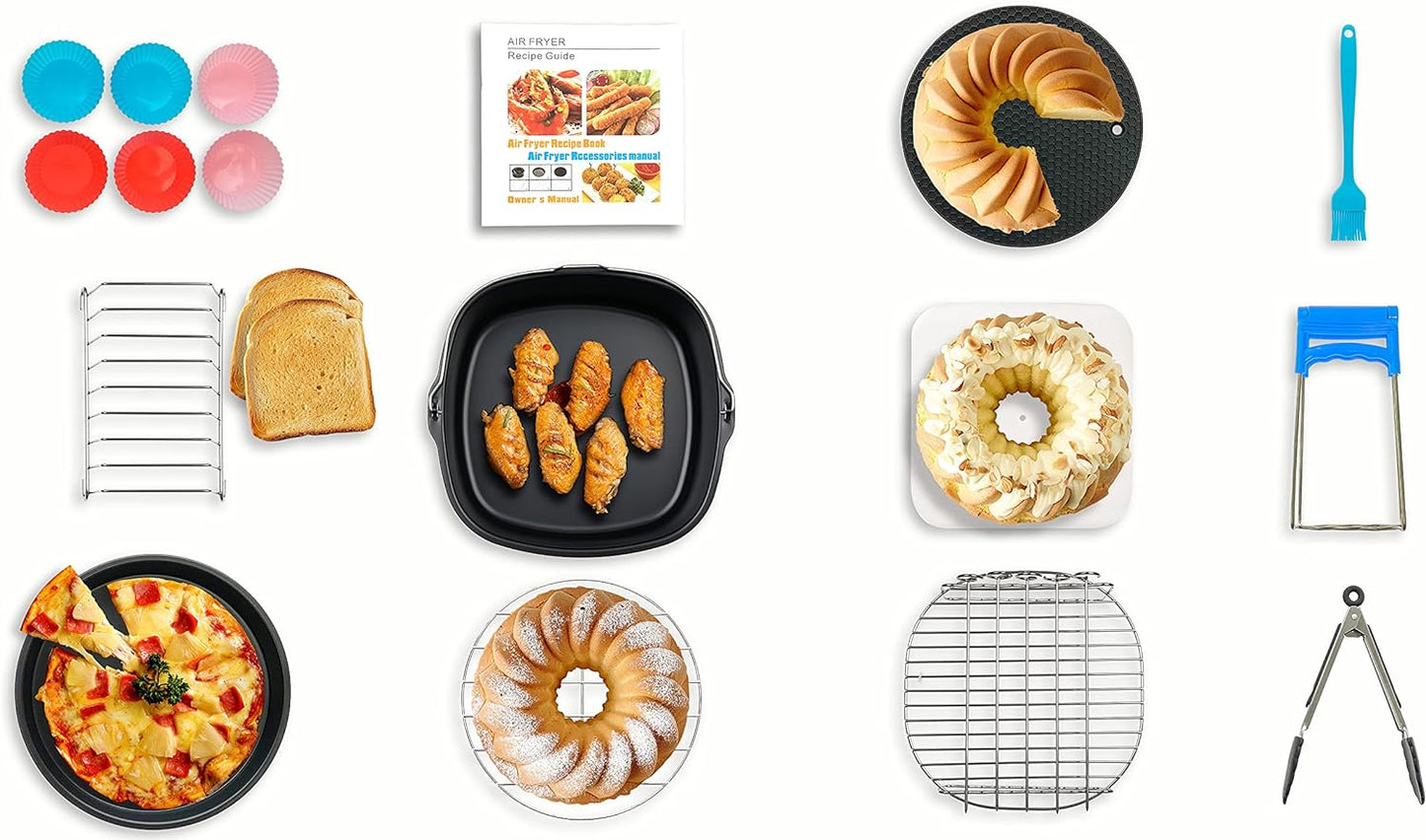 Air Fryer Accessories for Cosori Instant Vortex Phillips Gowise Ninja Air Fryer, 13PCS Square Airfryer Accessory with Cake Pan, Pizza Pan, Air Fryer Liners, Muffin Cups