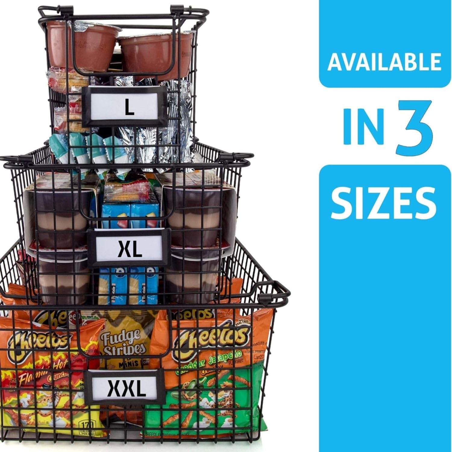 XXL Stackable Wire Baskets for Organizing - Set of 2 Snack & Chips Organizer for Pantry; Wire Storage Baskets with Handles; Extra Large Bronze Chip Storage for Pantry