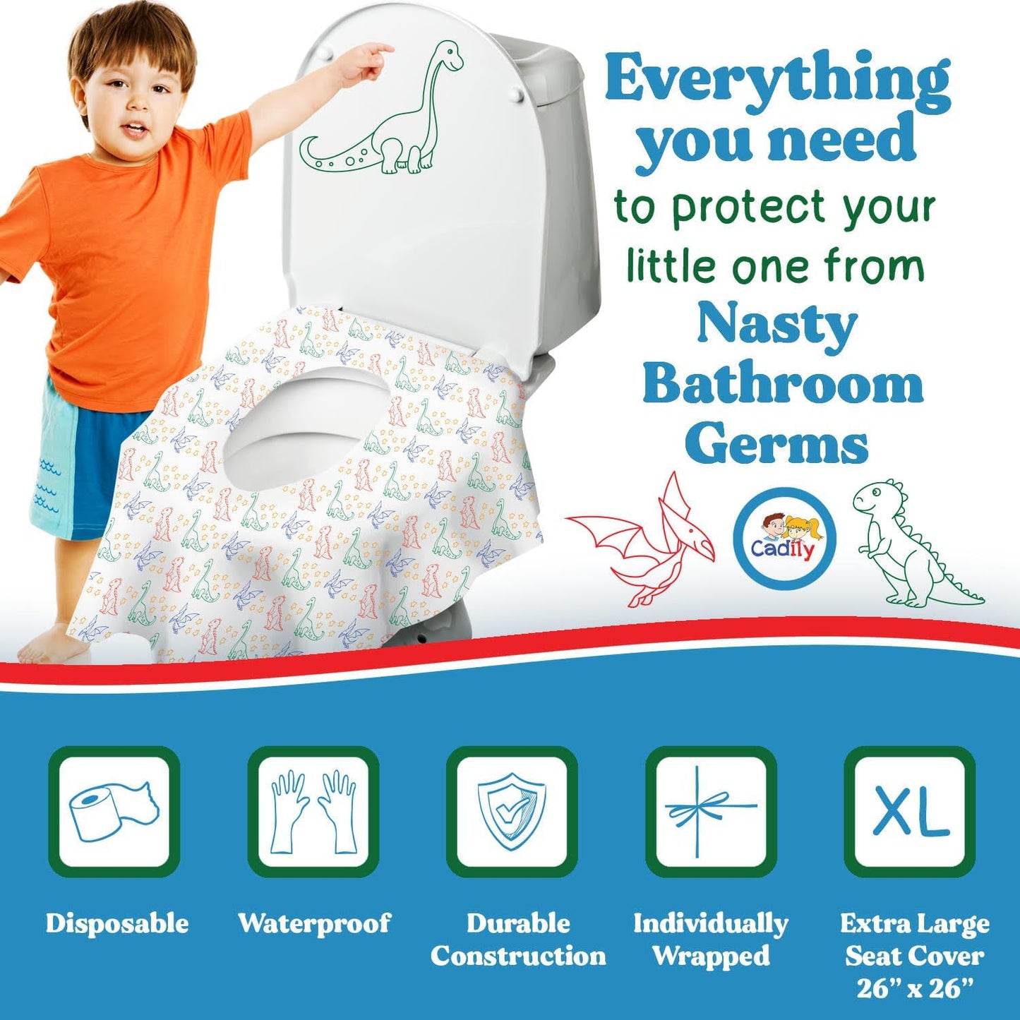 Dino Travel Disposable Toilet Seat Cover for Kids 20Pk, Waterproof Extra Large Toilet Cover, Individually Wrapped Toilet Seat Covers Disposable Travel Pack, Toddler Toilet Covers Disposable