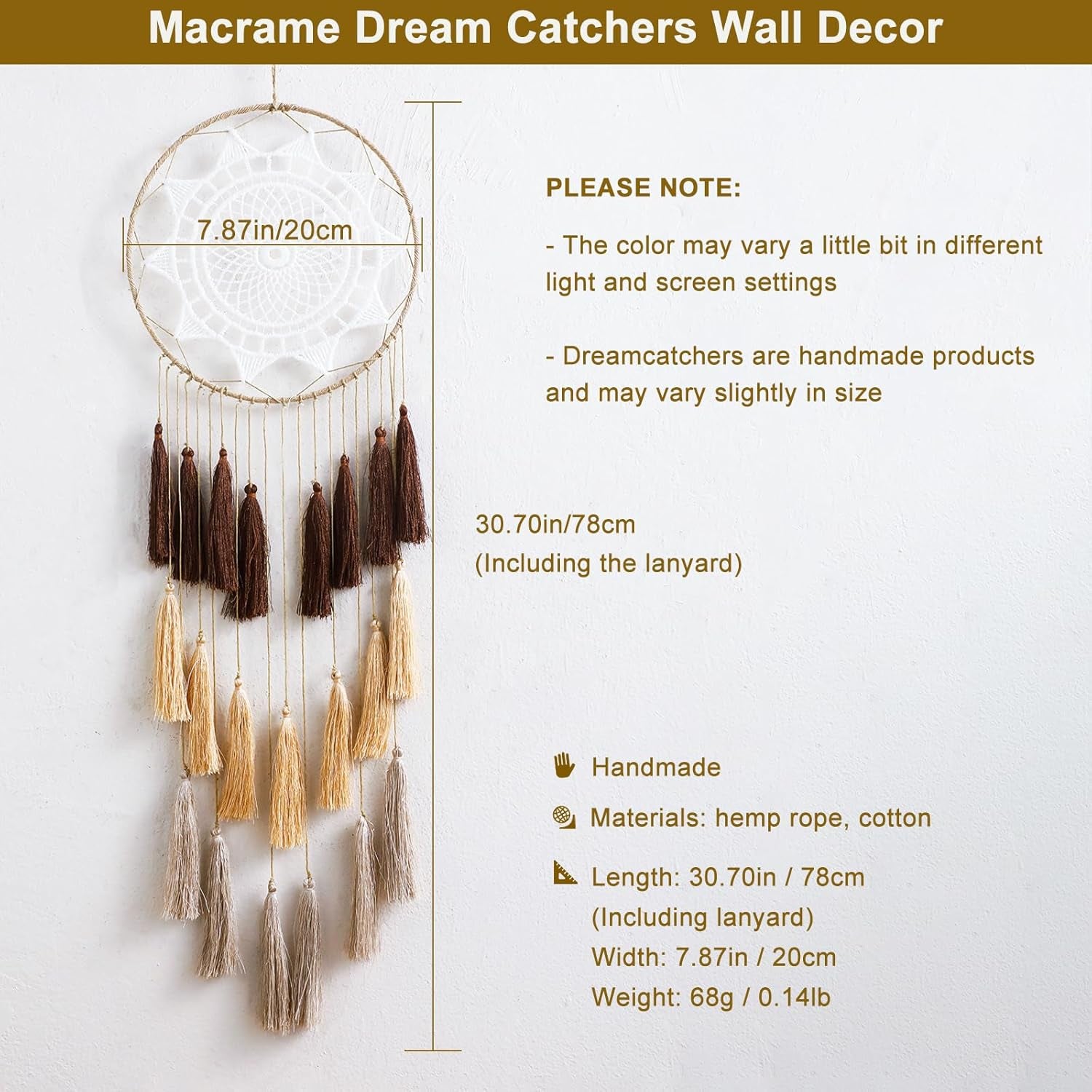 Macrame Dream Catchers for Bedroom - Tassel Wall Hanging Handmade Dreamcatchers Home Decor with Tassel Feather Ornament Craft Blessing Gift (Mix Brown)