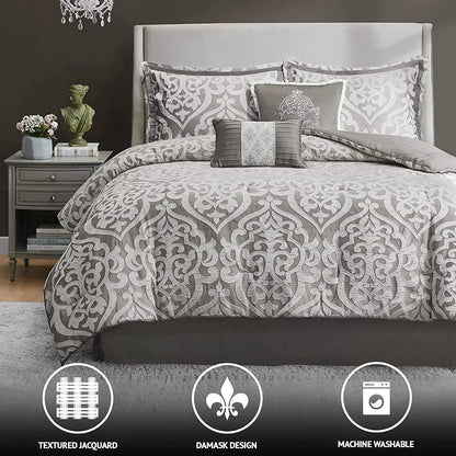 Tesla Cozy Comforter Set Jacquard Damask Medallion Design - All Season down Alternative Bedding, Shams, Bedskirt, Decorative Pillows, Queen, Silver 6 Piece