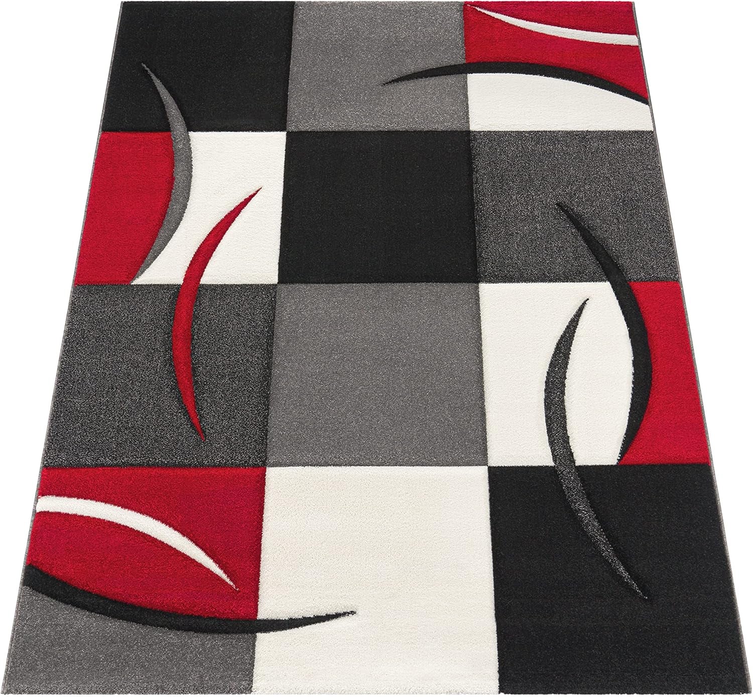 Designer Rug with Contour Cut Chequered in Red and Black, Size: 6'7" X 9'6"