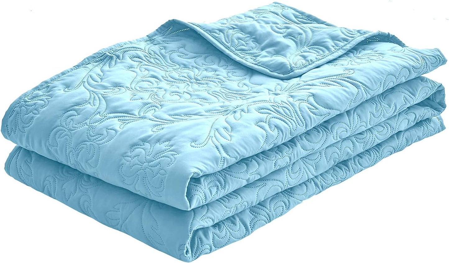 Sophia and William 2 Pieces Quilt Set Twin Size with 1 Quilt and 1 Pillow Sham, Reversible Microfiber Bedding Bedspread Coverlet Set, Cozy, Lightweight and Hypoallergenic, Light Blue