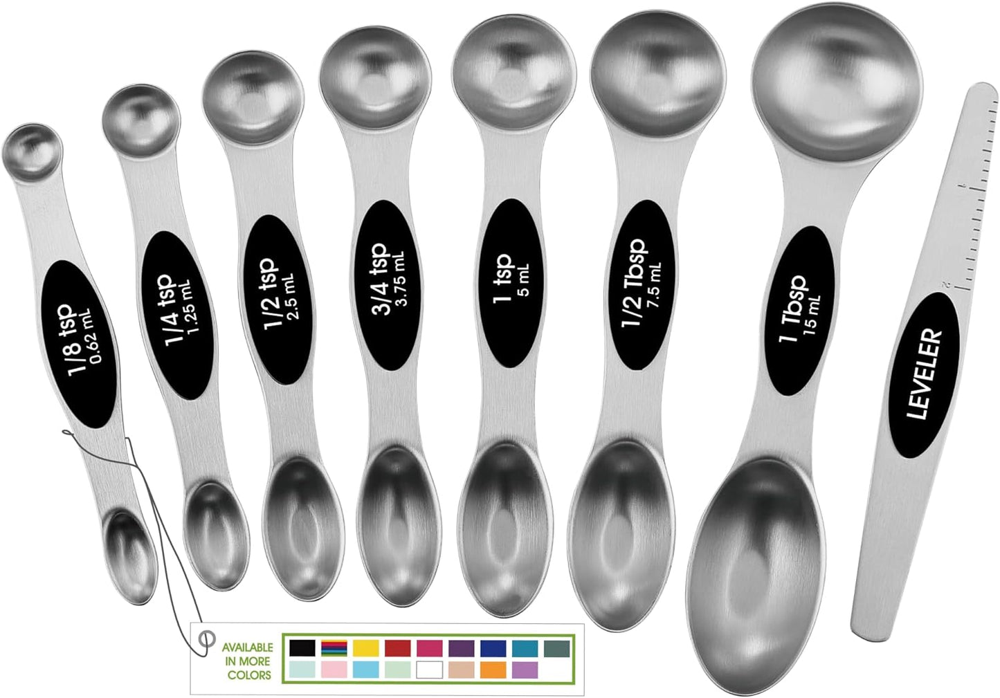 Magnetic Measuring Spoons Set with Strong N45 Magnets, Heavy Duty Stainless Steel Metal, Fits in Most Kitchen Spice Jars for Baking & Cooking, BPA Free, Black, Set of 8 with Leveler