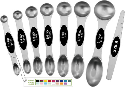 Magnetic Measuring Spoons Set with Strong N45 Magnets, Heavy Duty Stainless Steel Metal, Fits in Most Kitchen Spice Jars for Baking & Cooking, BPA Free, Black, Set of 8 with Leveler