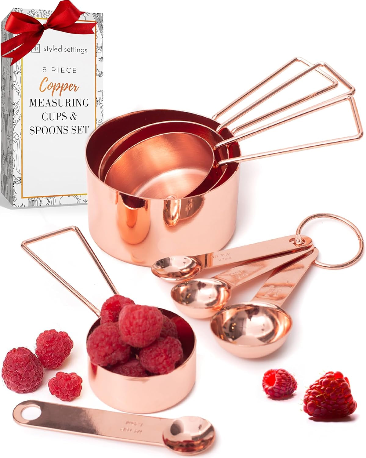 Copper Measuring Cups and Spoons Set - Metal Measuring Cups and Spoons Set - Stackable, Stylish, Sturdy Stainless Steel (8-Piece) - Rose Gold Measuring Cups and Spoons Set