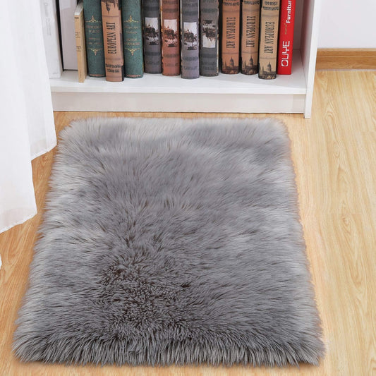 Luxury Fluffy Area Rugs Furry Rug for Bedroom Faux Fur Sheepskin Nursery Rugs Fur Carpet for Kids Room Living Room Home Decor Floor Mat, Rectangle 2Ft X 3Ft Grey