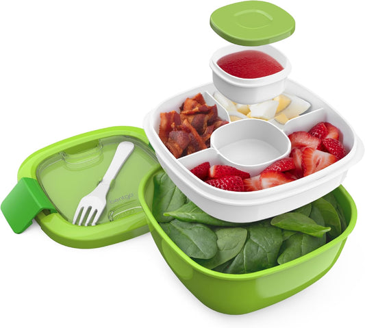 All-In-One Salad Container - Large Salad Bowl, Bento Box Tray, Leak-Proof Sauce Container, Airtight Lid, & Fork for Healthy Adult Lunches; Bpa-Free & Dishwasher/Microwave Safe (Green)