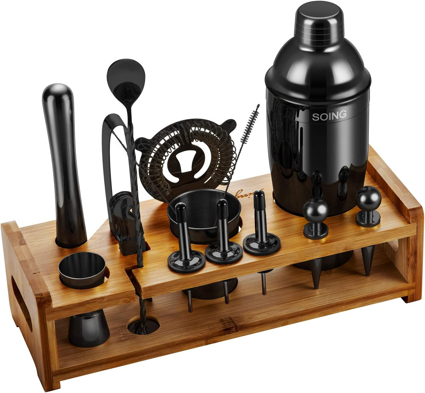 Black 24-Piece Cocktail Shaker Set,Perfect Home Bartending Kit for Drink Mixing,Stainless Steel Bar Tools with Stand,Velvet Carry Bag & Recipes Included