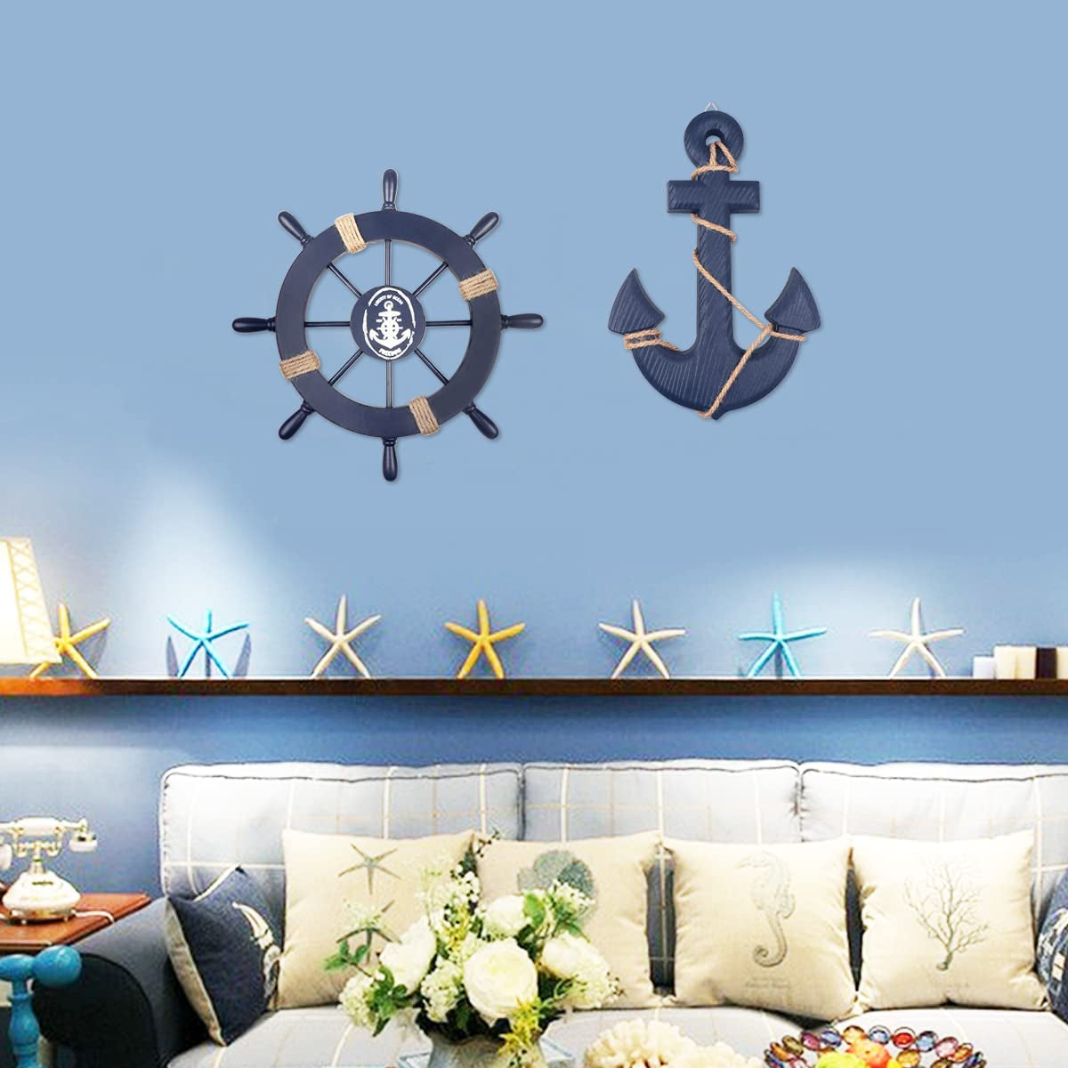 2 Pack 11" Nautical Beach Wooden Ship Wheel and 13" Wooden Anchor with Rope Nautical Boat Steering Wheel Rudder Anchor Wall Art Decor Door Hanging Ornament Beach Theme Home Decoration(Blue)