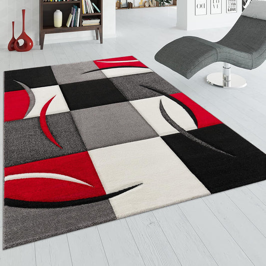 Designer Rug with Contour Cut Chequered in Red and Black, Size: 6'7" X 9'6"