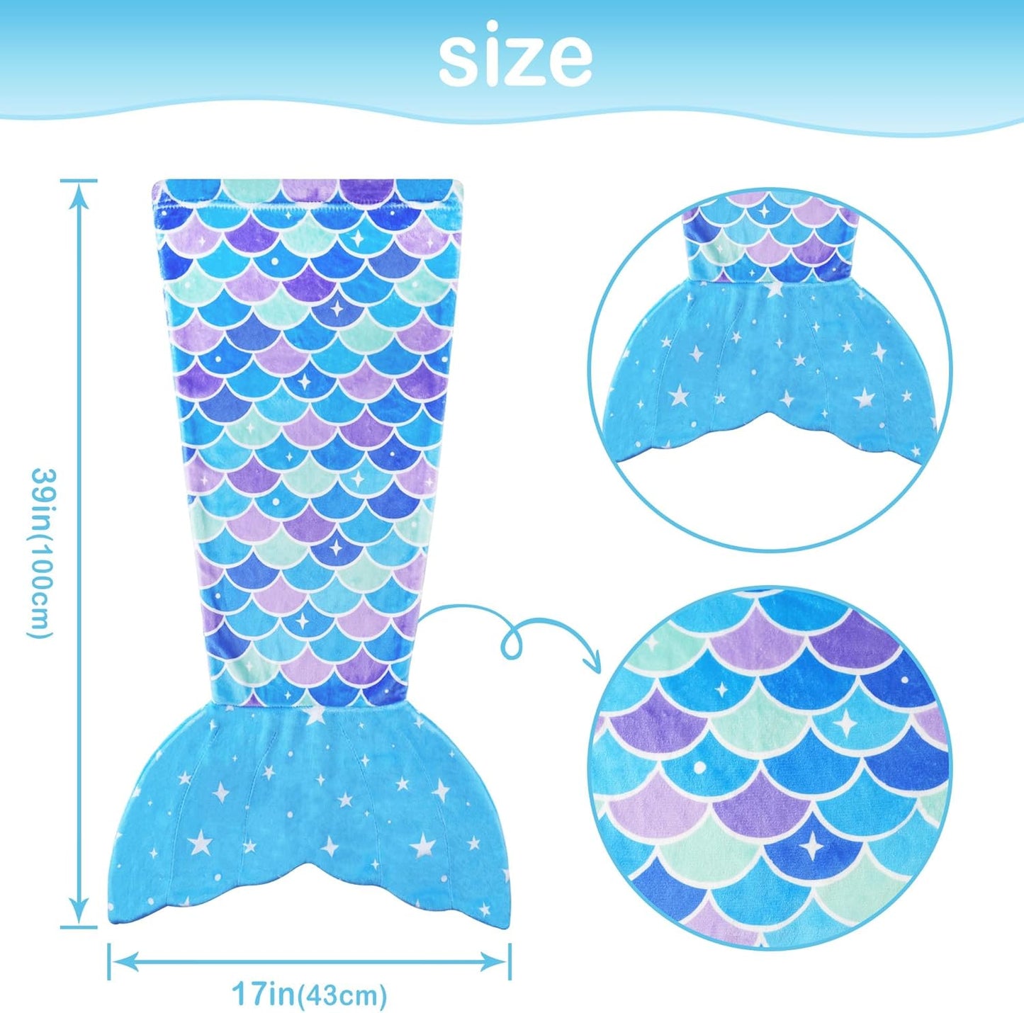 Kids Mermaid Tail Blanket, Soft Flannel Blanket, Girl'S Mermaid Toys, Toddlers Girls Fleece Mermaid Tail Blanket with Star, Fish Scale Pattern, Blue, Gifts for Girls, 17" X 39"