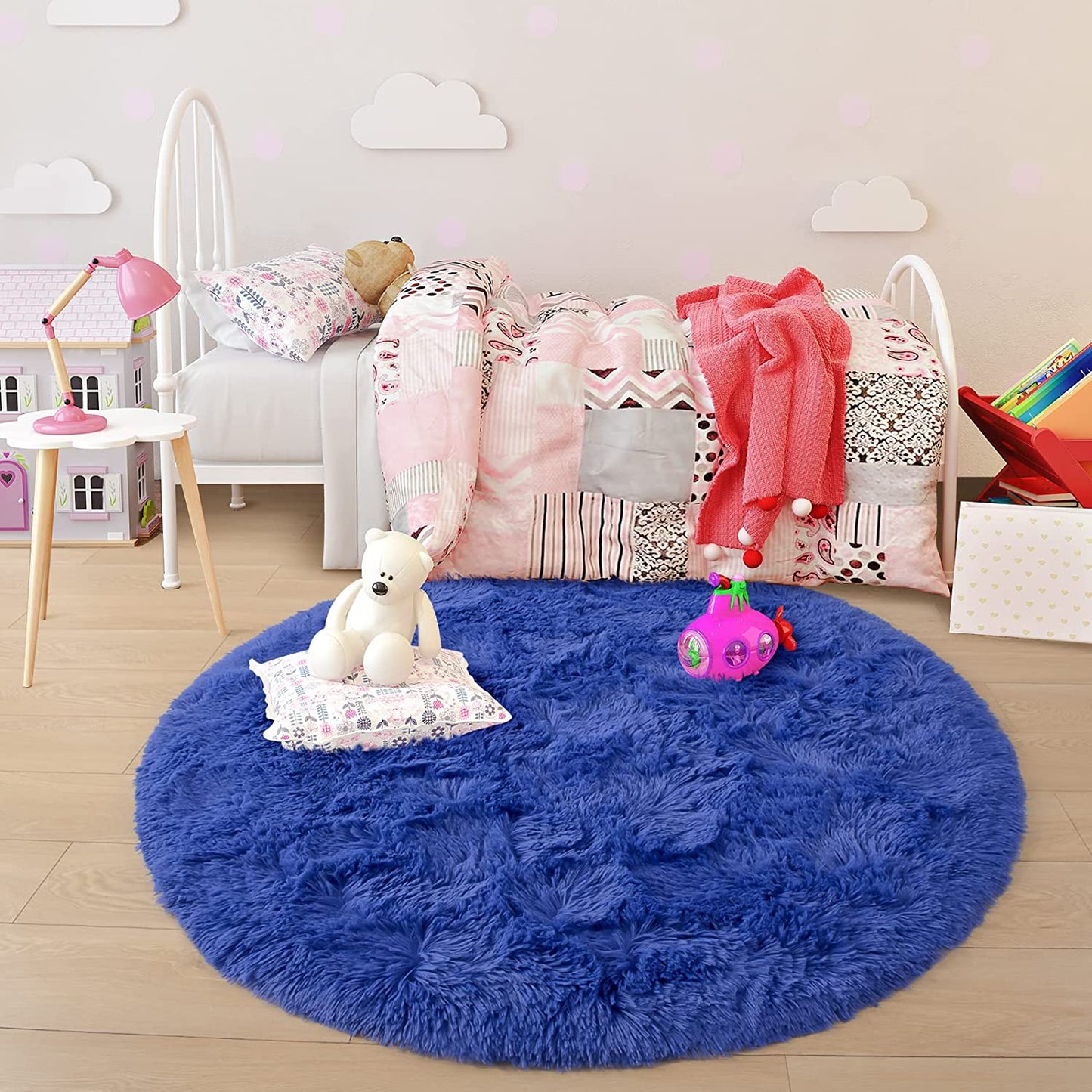 round Rug 6X6 Feet Fluffy Soft Area Rugs for Kids Girls Room Princess Castle Plush Shaggy Carpet Cute Circle Nursery Rug for Kids Teen'S Bedroom Home Decor Large Circular Carpet, Navy Blue