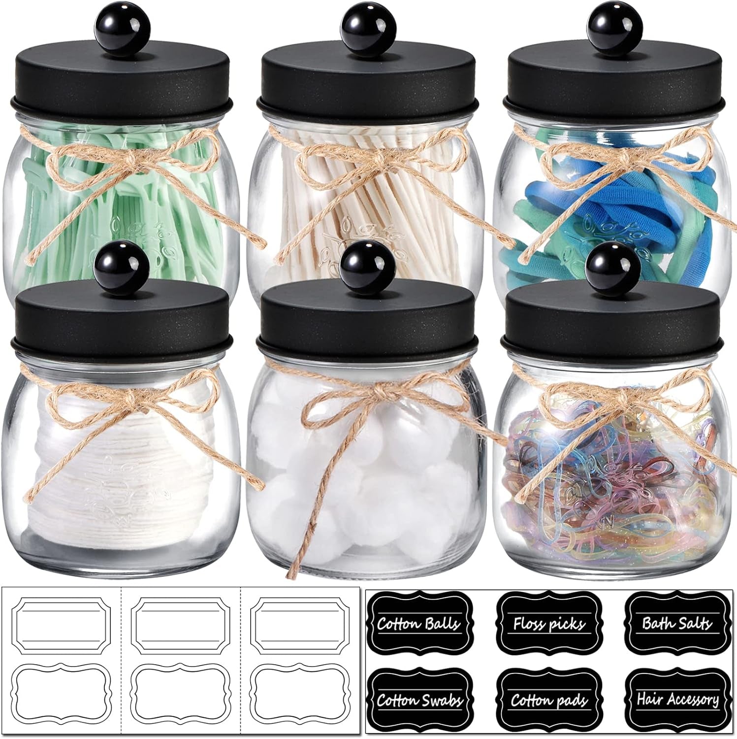 6 Pack Qtip Holders with Labels, Bathroom Organizers and Storage, Bathroom Decor, Apothecary Jars with Lids, Small Mason Jars for Qtips, Cottons, Floss, Balls, Cotton Swabs-Black