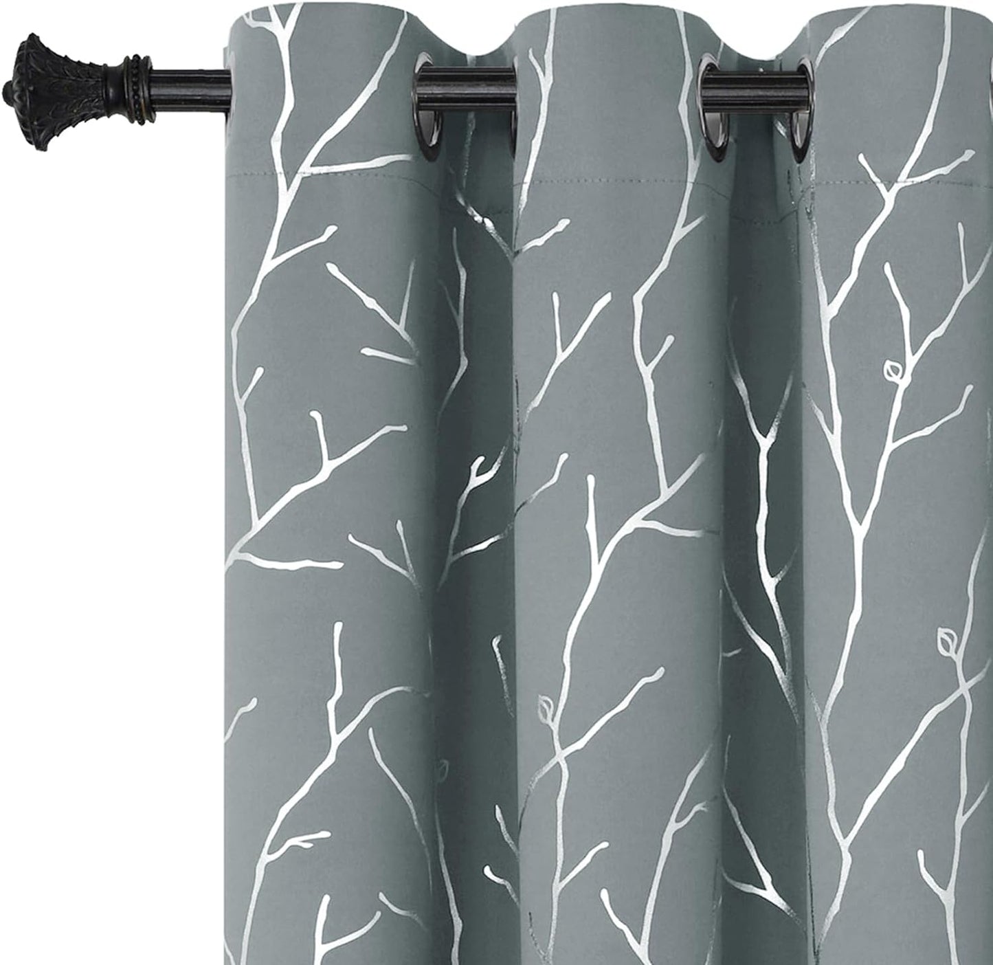 Light Grey Blackout Bedroom Curtains, Black Out Curtains 63 Inch Long 2 Panels, Window Curtains Panels, Windproof Elegant Tree Branches Silver Print Drapes 38W X 63L